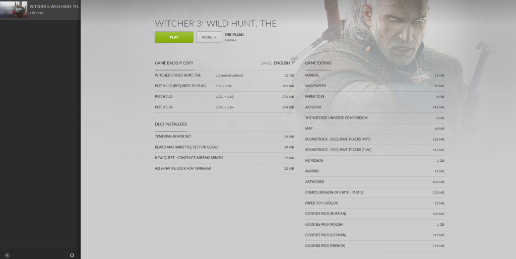 The Witcher 3 Übersicht der DLCs und anderer Optionen in GOG Galaxy.
