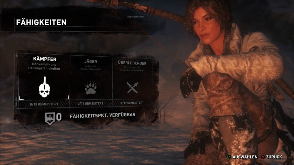 Lara kann ihre Talten frei verteilen auf die Skill Trees "Kämpfer", "Jäger" und "Überlebender".